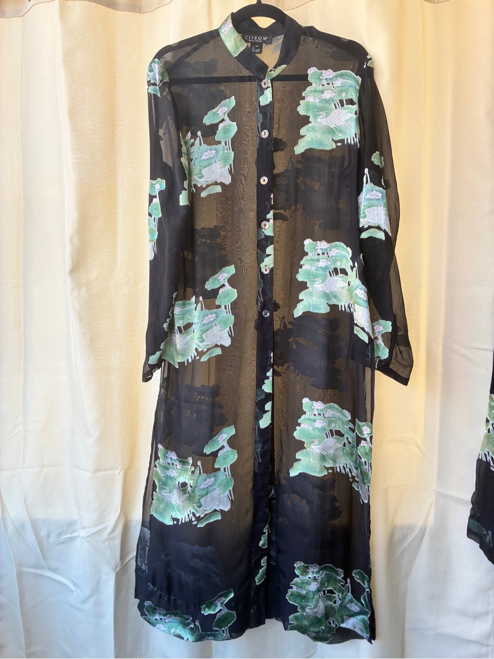 Citron Santa Monica Silk Blend Duster Top & Pants Crane Print Medium - Picture 10 of 16